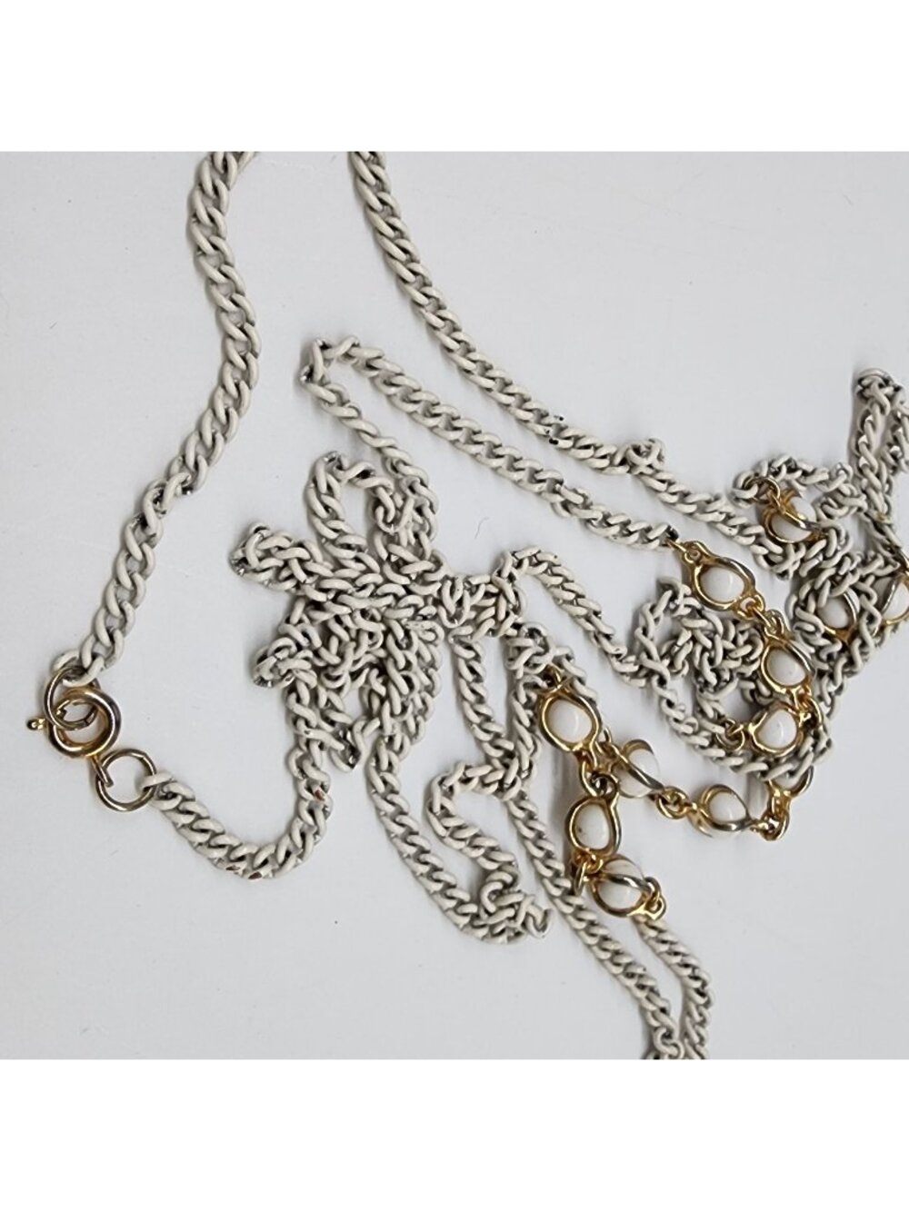Vintage Gold & White Bead Long Chain Necklace 1960s or 70s 28" Long